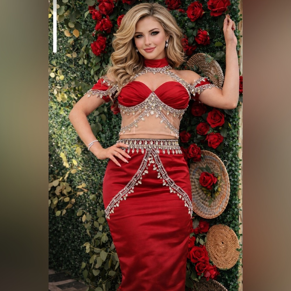 Elegant Red Embellished Skirt set